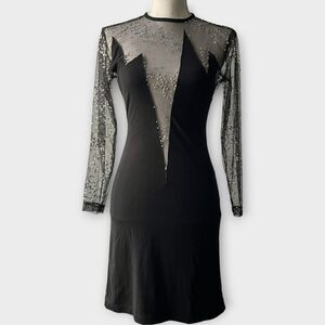 Carabella Vintage Dress Mini Sheer Rhinestones Plunge Black Sexy Size Medium M